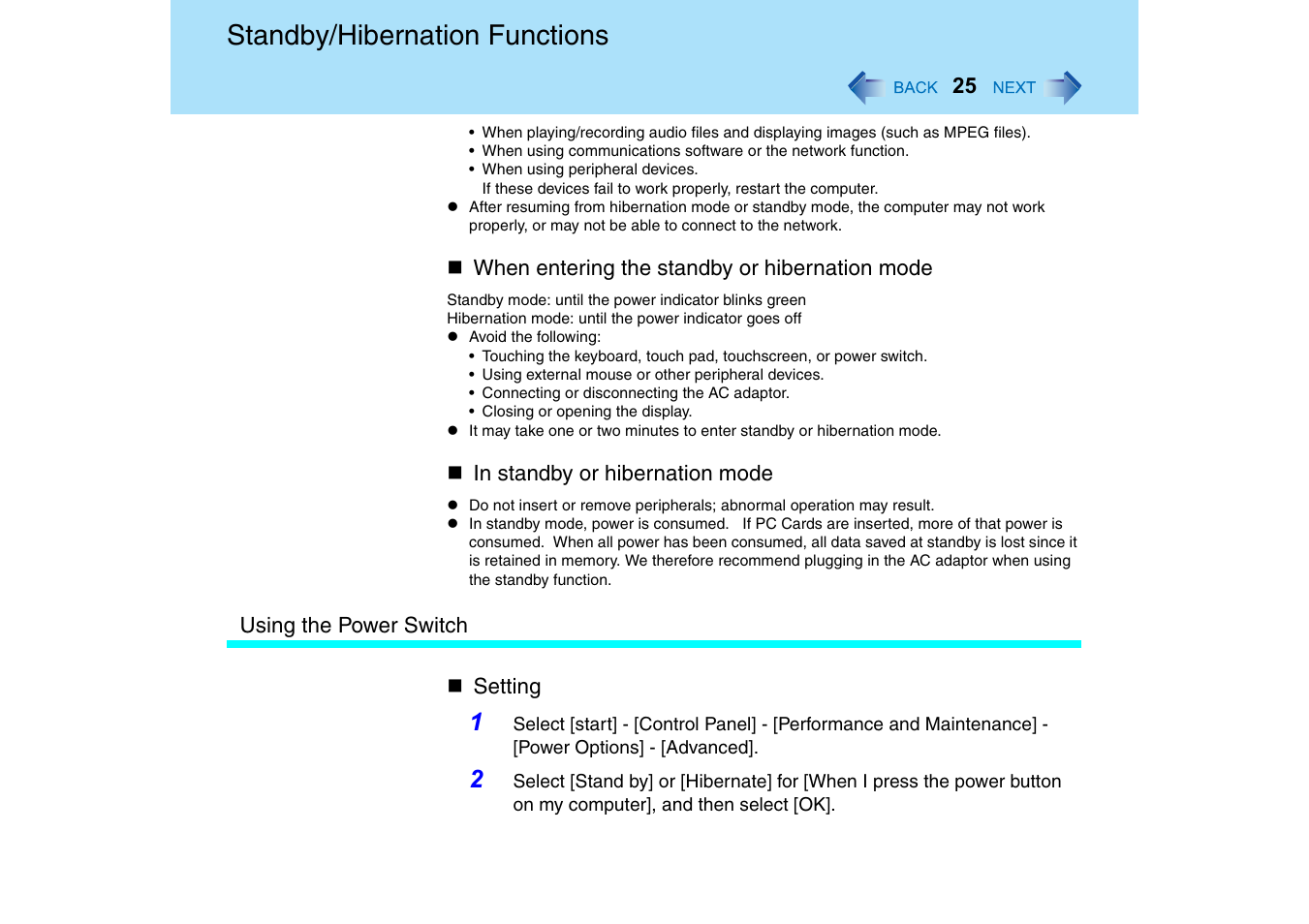 Standby/hibernation functions | Panasonic CF-T2 Series User Manual | Page 25 / 108