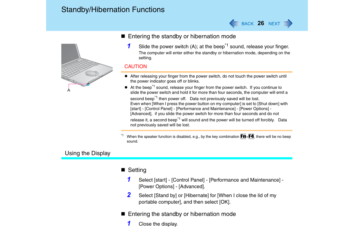 Standby/hibernation functions | Panasonic CF-T2 Series User Manual | Page 26 / 108