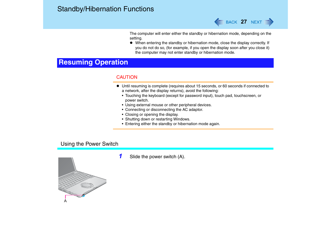 Standby/hibernation functions, Resuming operation | Panasonic CF-T2 Series User Manual | Page 27 / 108