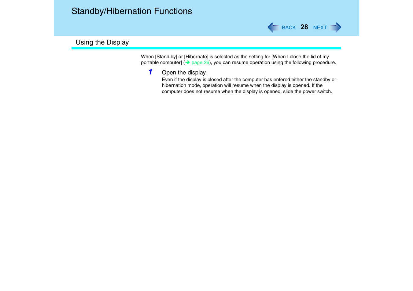 Standby/hibernation functions | Panasonic CF-T2 Series User Manual | Page 28 / 108