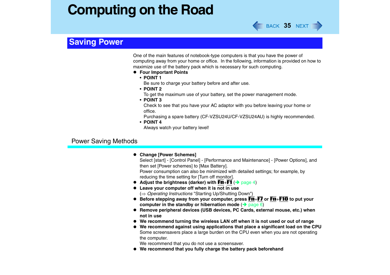 Computing on the road, Saving power | Panasonic CF-T2 Series User Manual | Page 35 / 108