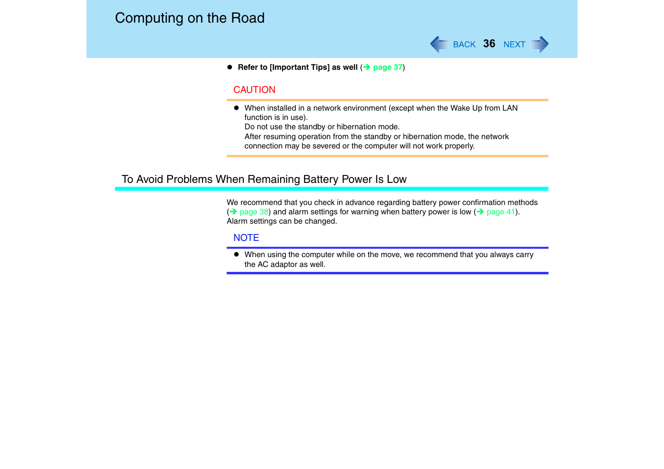 Computing on the road | Panasonic CF-T2 Series User Manual | Page 36 / 108