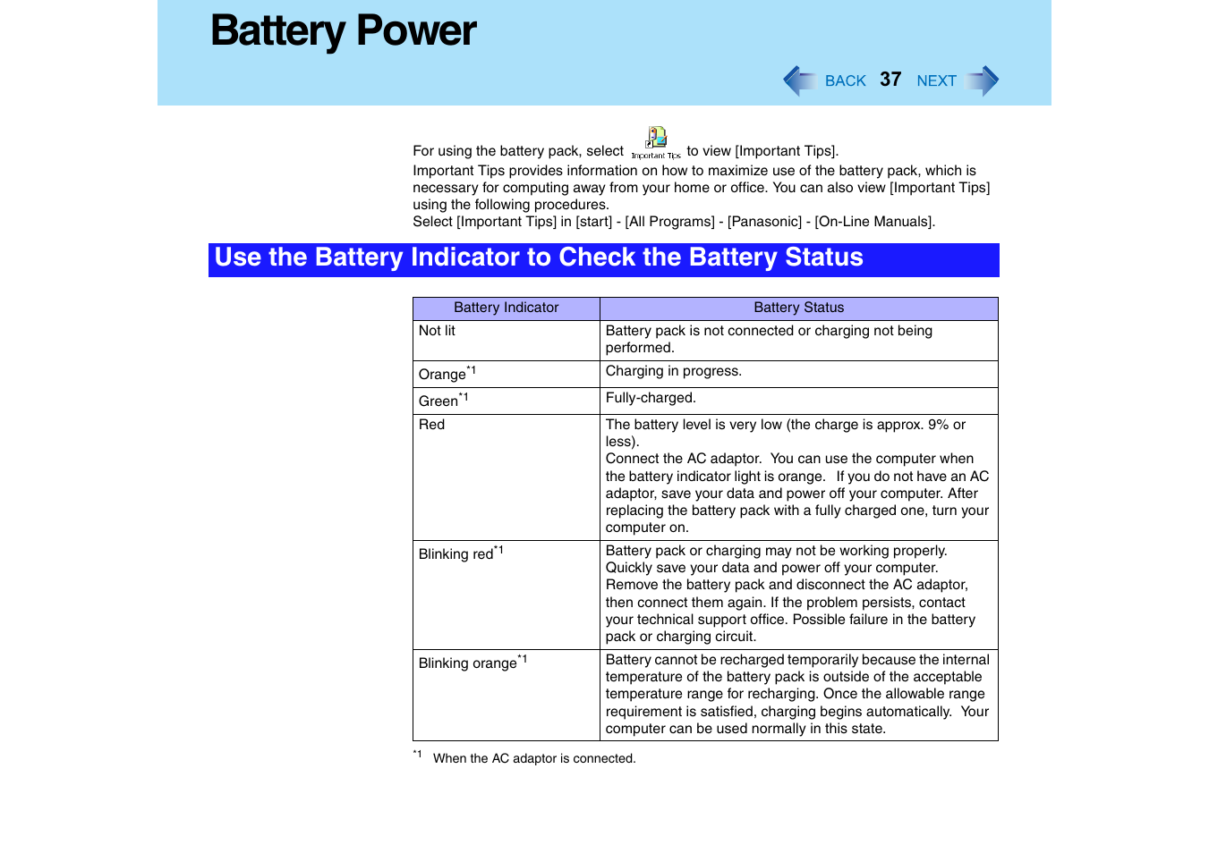 Battery power | Panasonic CF-T2 Series User Manual | Page 37 / 108