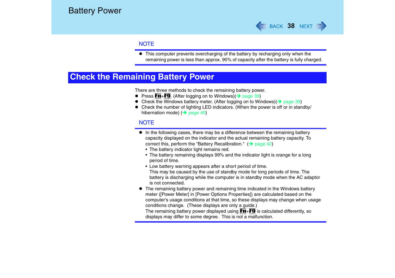 Battery power, Check the remaining battery power | Panasonic CF-T2 Series User Manual | Page 38 / 108