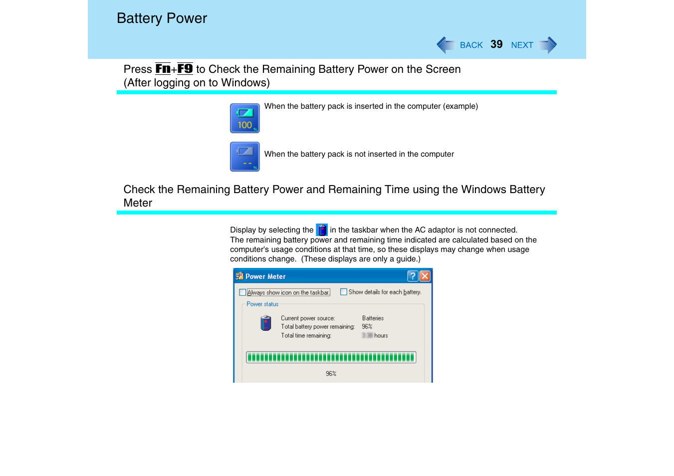 Battery power | Panasonic CF-T2 Series User Manual | Page 39 / 108
