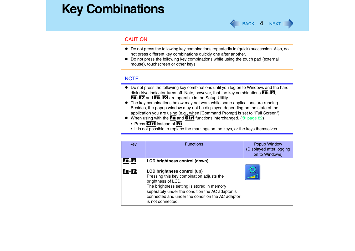 Key combinations | Panasonic CF-T2 Series User Manual | Page 4 / 108