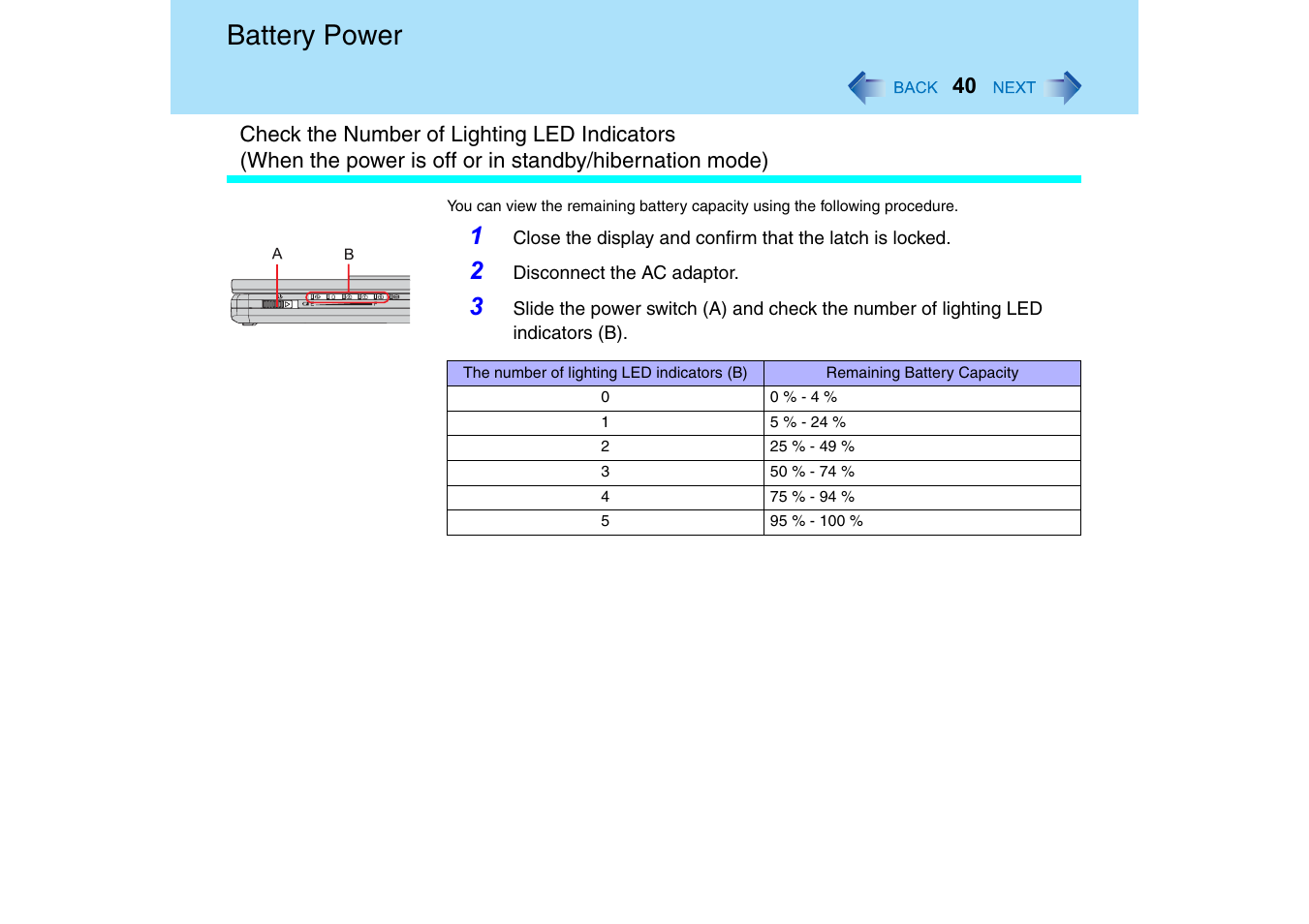 Battery power | Panasonic CF-T2 Series User Manual | Page 40 / 108