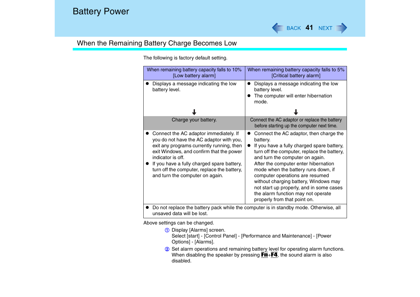 Battery power, When the remaining battery charge becomes low | Panasonic CF-T2 Series User Manual | Page 41 / 108