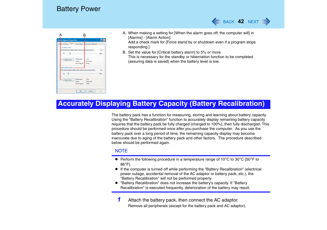 Battery power | Panasonic CF-T2 Series User Manual | Page 42 / 108