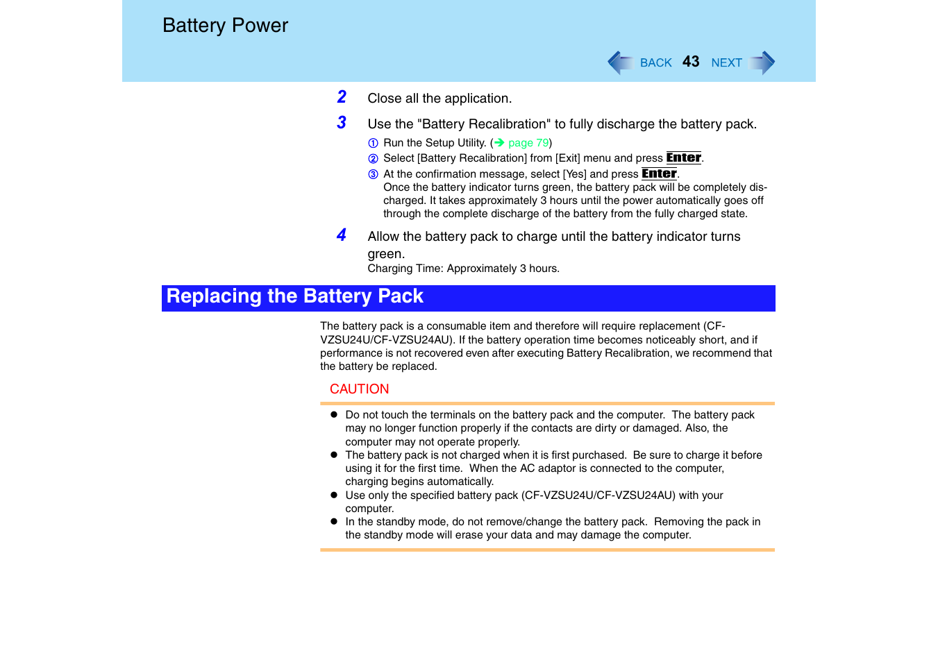 Battery power, Replacing the battery pack | Panasonic CF-T2 Series User Manual | Page 43 / 108