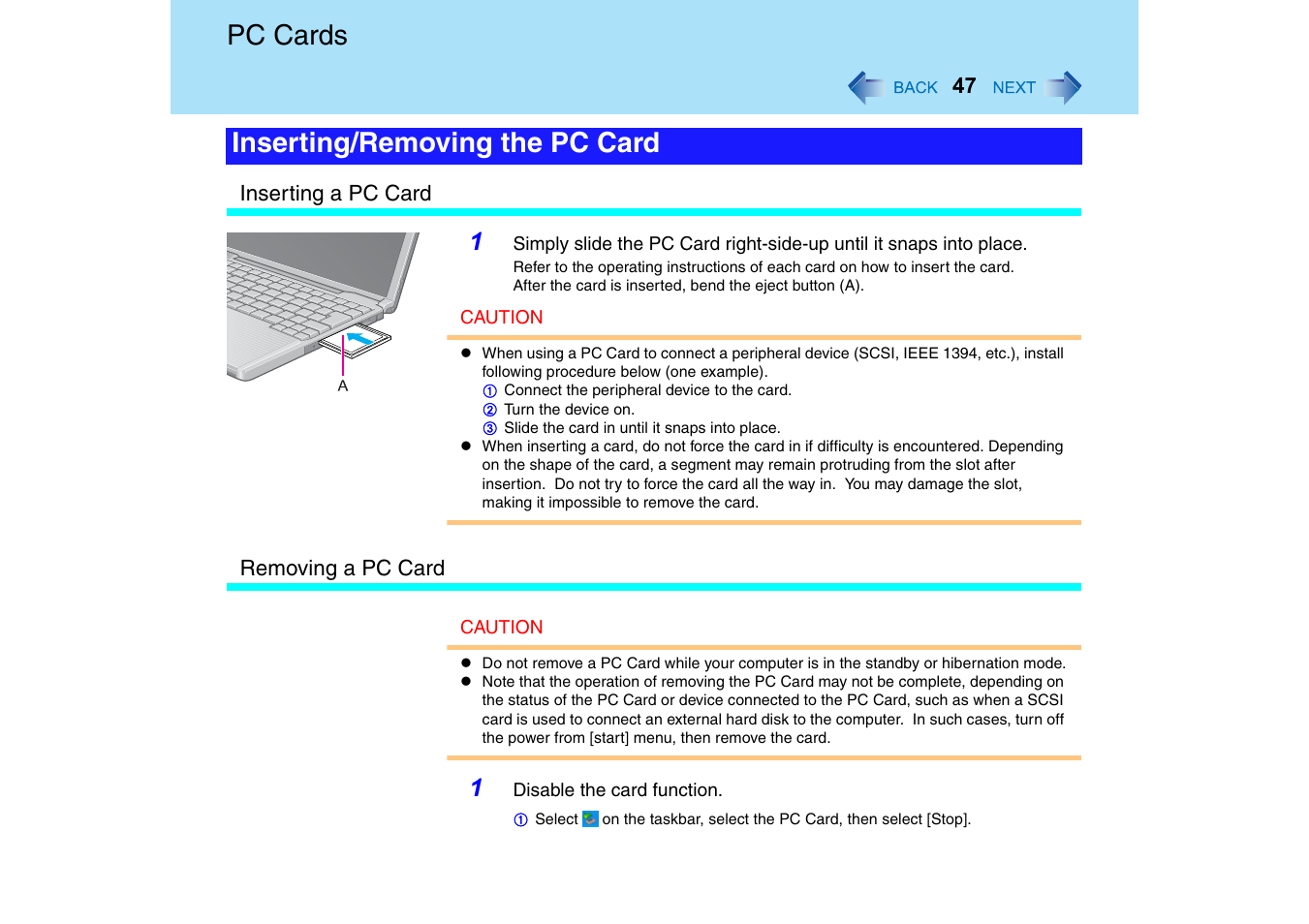 Pc cards, Inserting/removing the pc card | Panasonic CF-T2 Series User Manual | Page 47 / 108