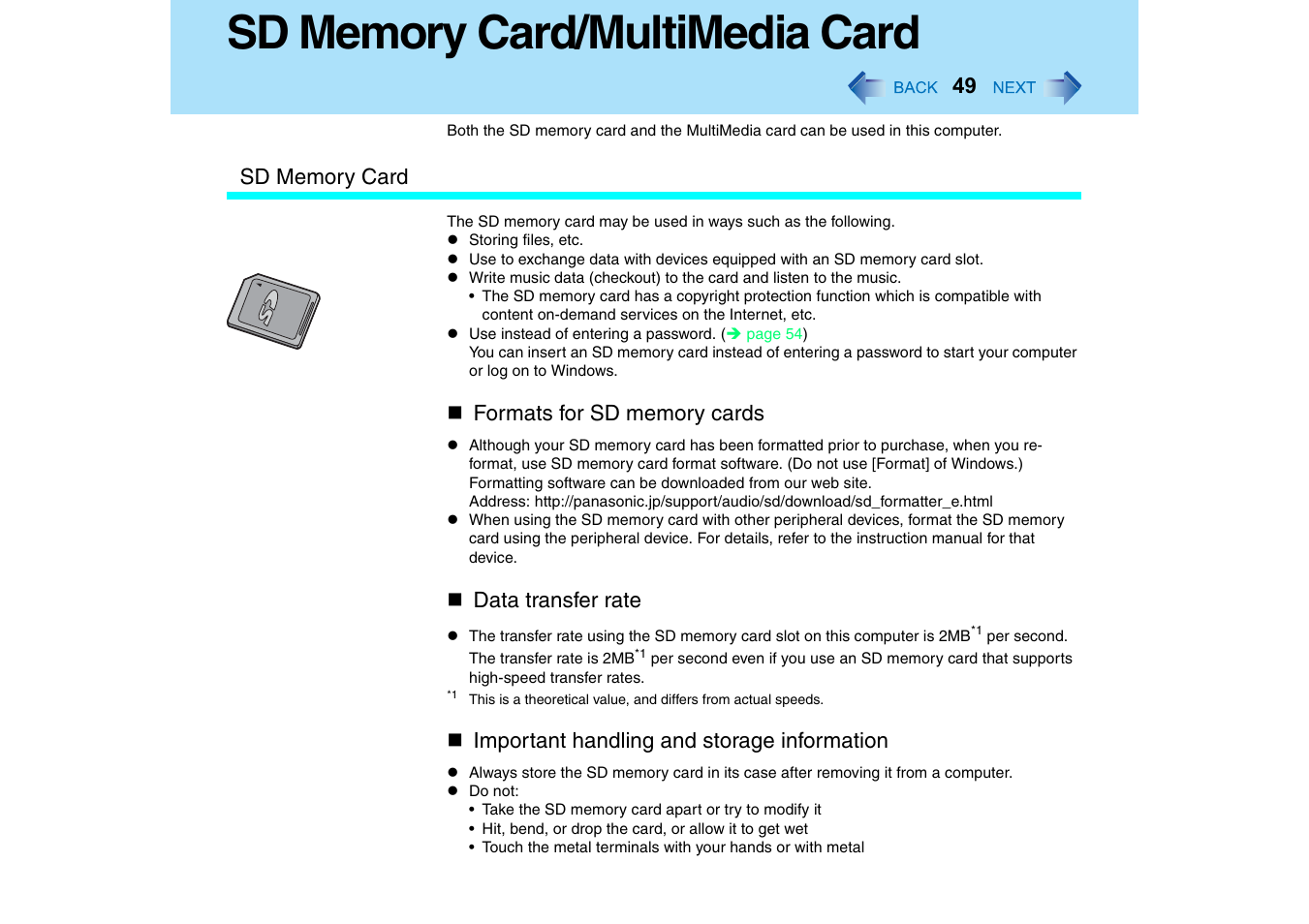 Sd memory card/multimedia card | Panasonic CF-T2 Series User Manual | Page 49 / 108