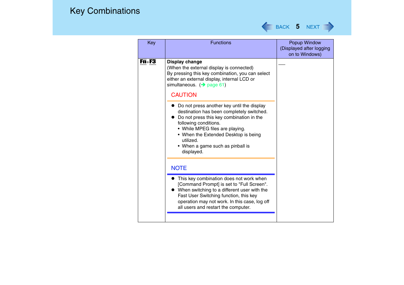 Key combinations | Panasonic CF-T2 Series User Manual | Page 5 / 108