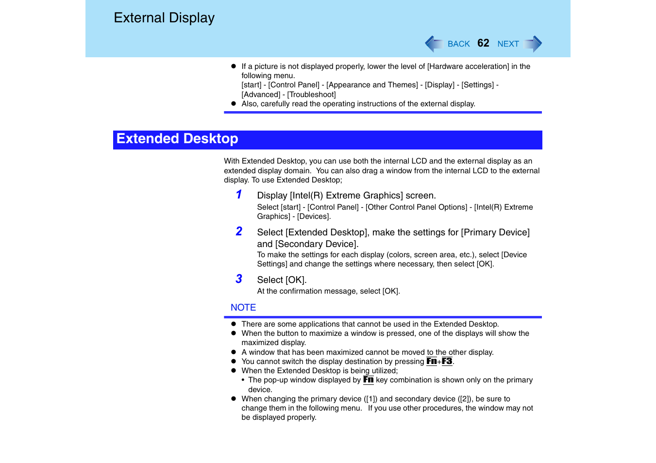 External display, Extended desktop | Panasonic CF-T2 Series User Manual | Page 62 / 108