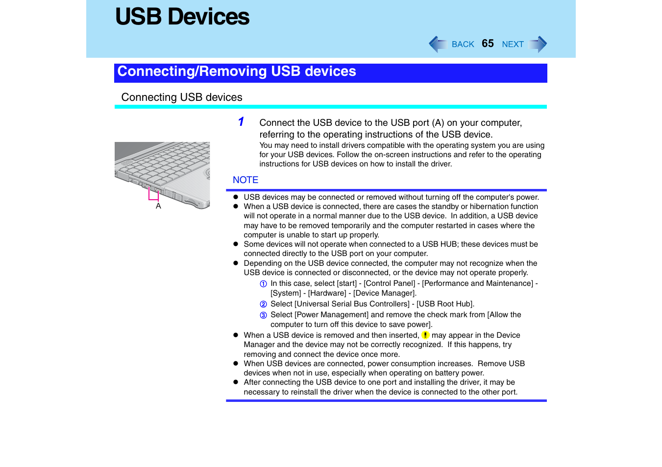 Usb devices, Connecting/removing usb devices | Panasonic CF-T2 Series User Manual | Page 65 / 108