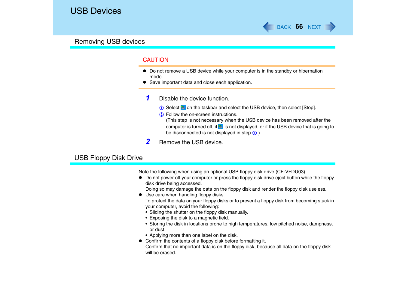 Usb devices | Panasonic CF-T2 Series User Manual | Page 66 / 108