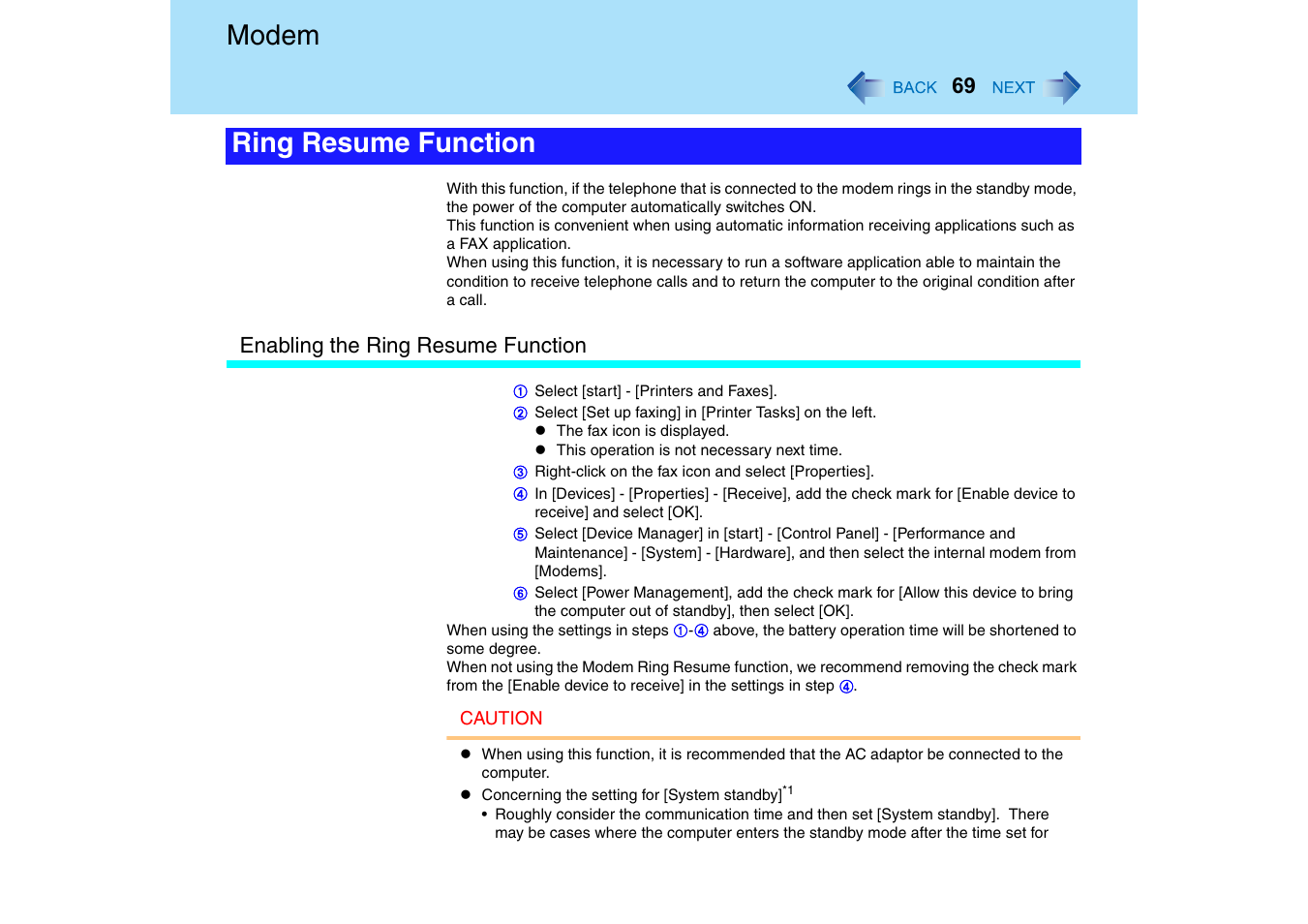 Modem, Ring resume function | Panasonic CF-T2 Series User Manual | Page 69 / 108