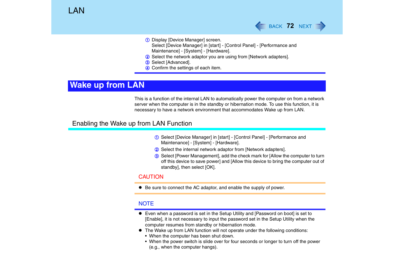 Wake up from lan | Panasonic CF-T2 Series User Manual | Page 72 / 108