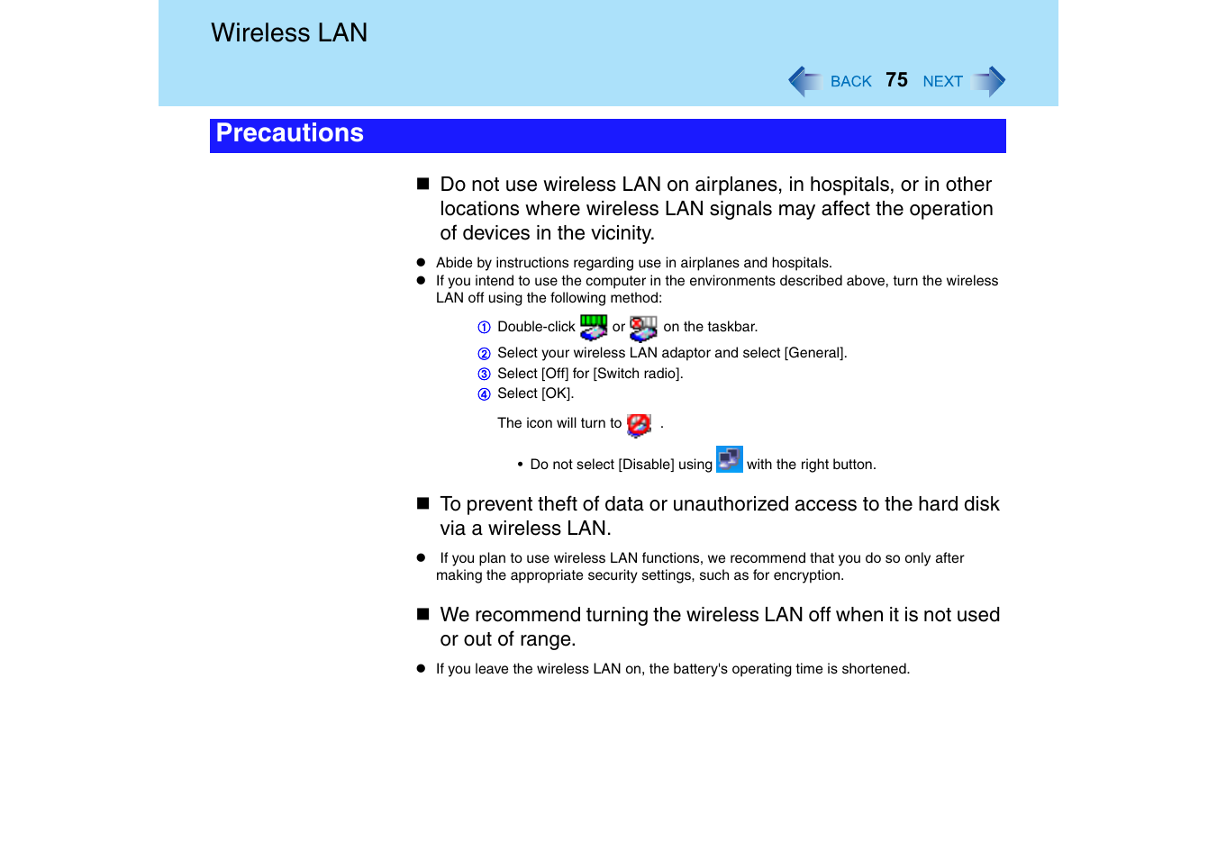 Wireless lan, Precautions | Panasonic CF-T2 Series User Manual | Page 75 / 108