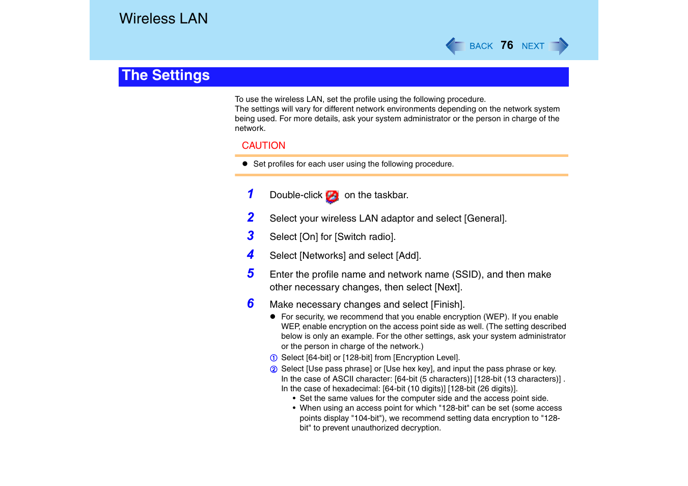 Wireless lan, The settings | Panasonic CF-T2 Series User Manual | Page 76 / 108