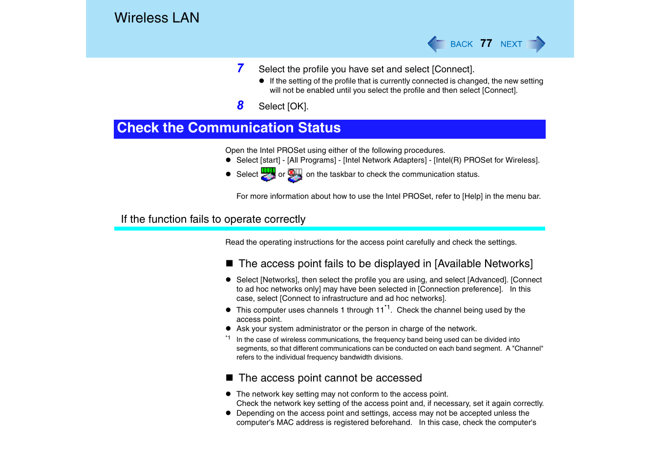 Wireless lan, Check the communication status | Panasonic CF-T2 Series User Manual | Page 77 / 108