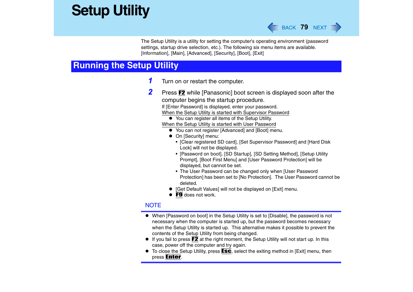 Setup utility, Running the setup utility | Panasonic CF-T2 Series User Manual | Page 79 / 108