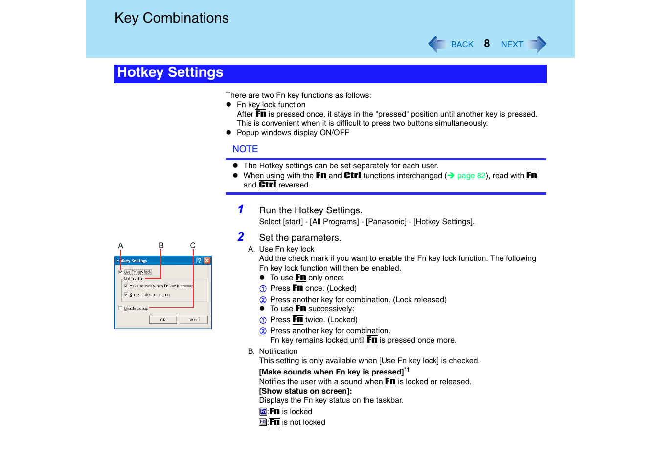 Key combinations, Hotkey settings | Panasonic CF-T2 Series User Manual | Page 8 / 108