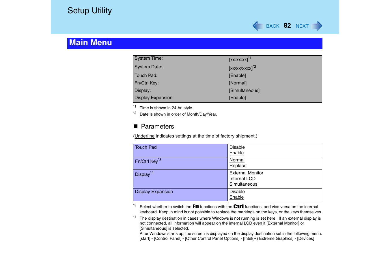 Setup utility, Main menu, Parameters | Panasonic CF-T2 Series User Manual | Page 82 / 108