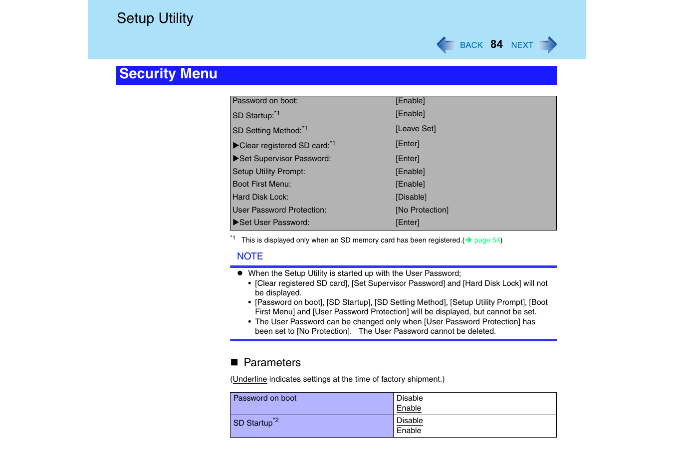 Setup utility, Security menu, Parameters | Panasonic CF-T2 Series User Manual | Page 84 / 108