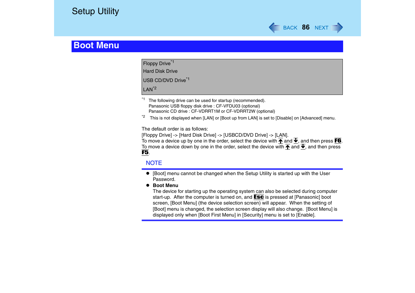 Setup utility, Boot menu | Panasonic CF-T2 Series User Manual | Page 86 / 108