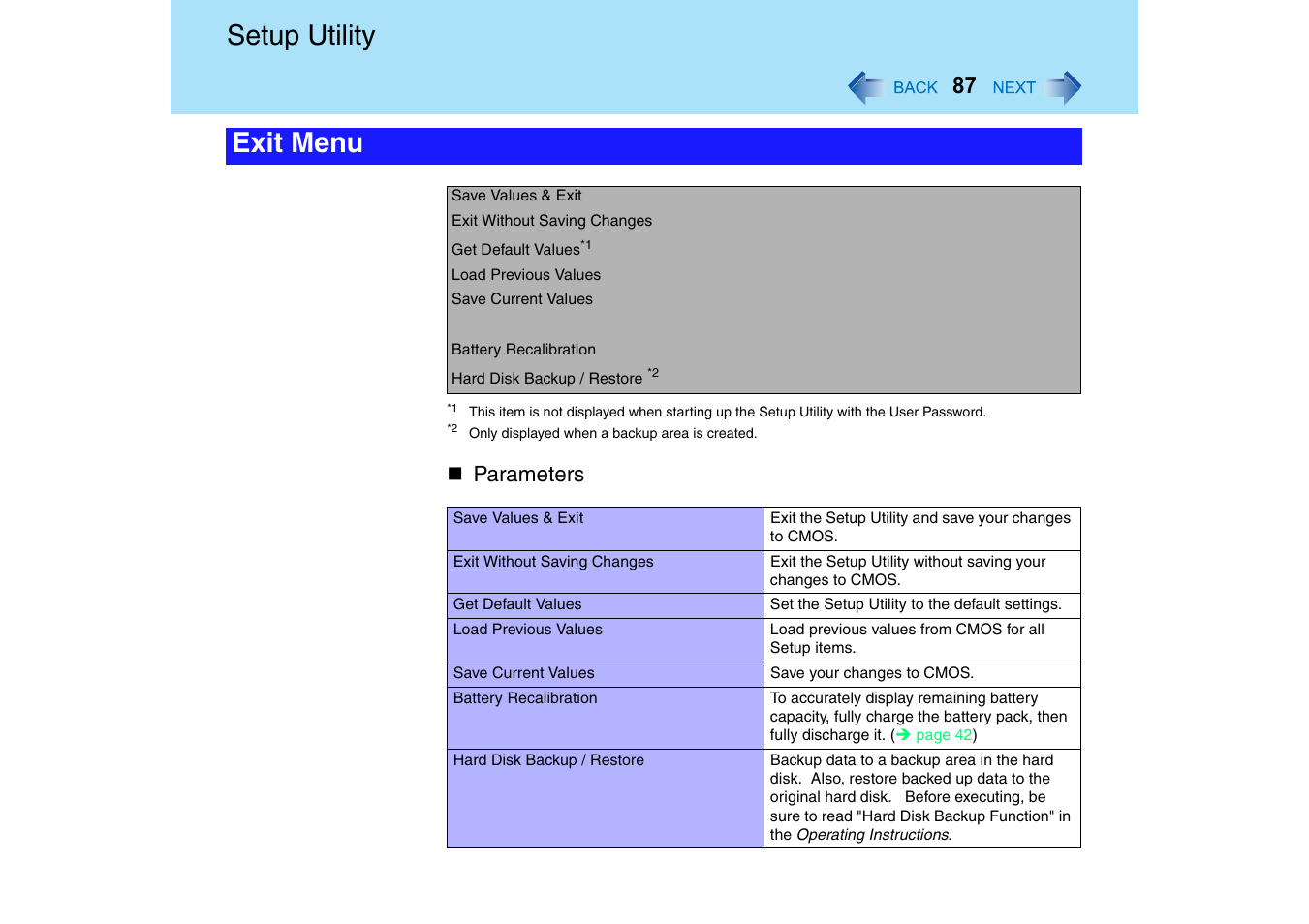 Setup utility, Exit menu, Parameters | Panasonic CF-T2 Series User Manual | Page 87 / 108