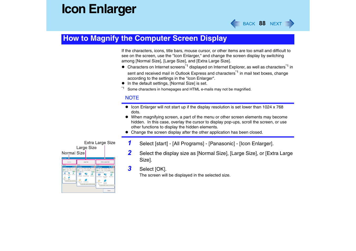 Icon enlarger, How to magnify the computer screen display | Panasonic CF-T2 Series User Manual | Page 88 / 108