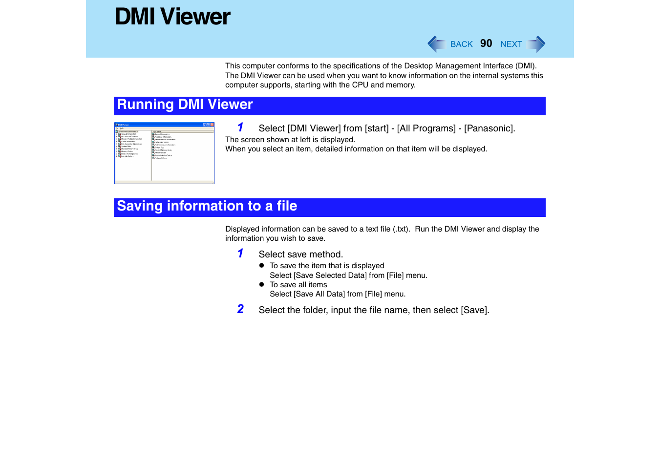 Dmi viewer, Running dmi viewer saving information to a file | Panasonic CF-T2 Series User Manual | Page 90 / 108