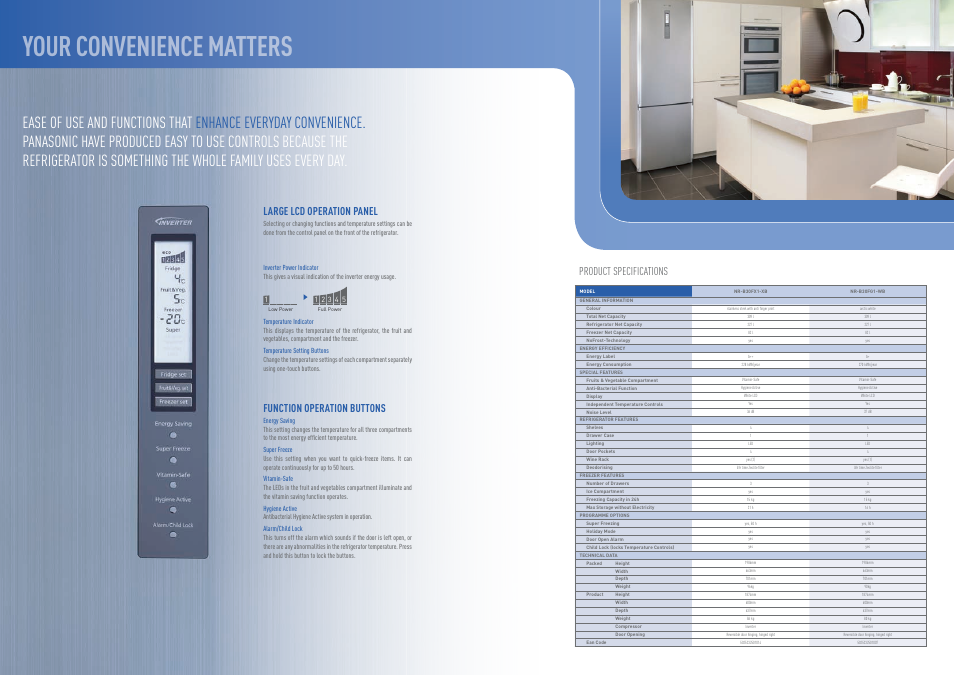 Your convenience matters, Large lcd operation panel, Function operation buttons | Product specifications | Panasonic NR-B30FG1-WB User Manual | Page 8 / 9