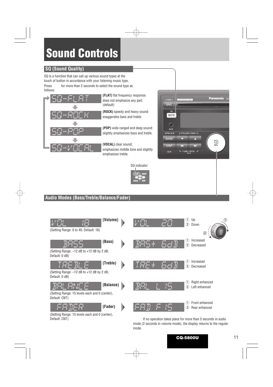 Sound controls, Sq (sound quality), Audio modes (bass/treble/balance/fader) | Panasonic CQ-5800U User Manual | Page 11 / 48