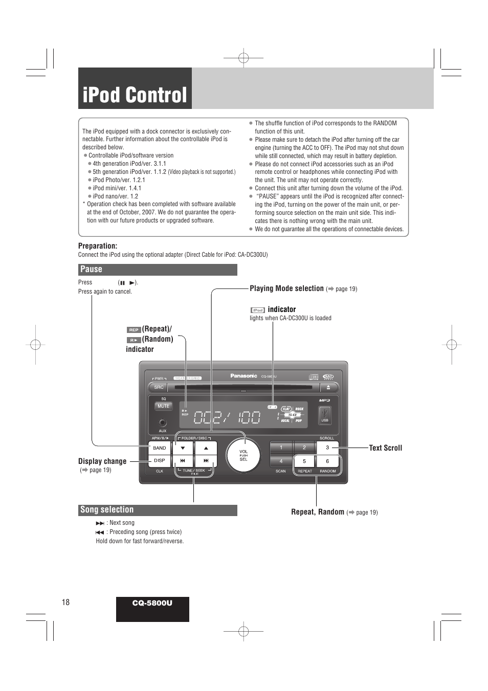 Ipod control, Song selection, Pause | Panasonic CQ-5800U User Manual | Page 18 / 48