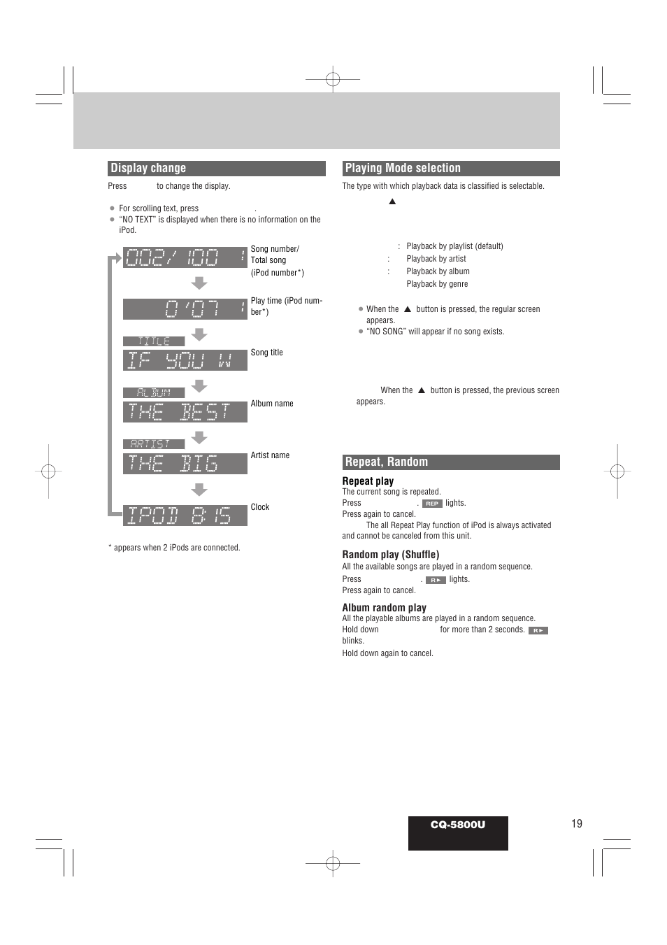 Display change, Repeat, random, Playing mode selection | Panasonic CQ-5800U User Manual | Page 19 / 48