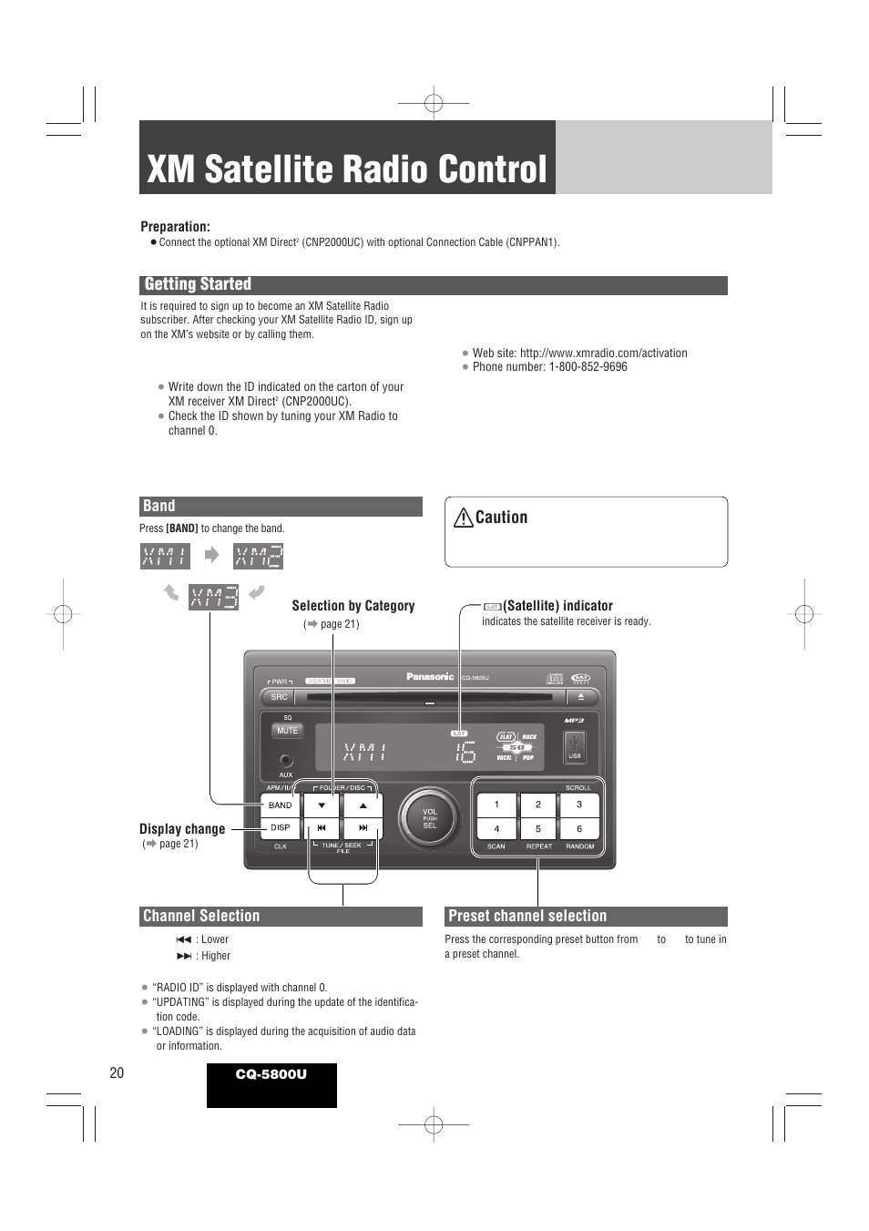 Xm satellite radio control, Getting started, Caution | Panasonic CQ-5800U User Manual | Page 20 / 48