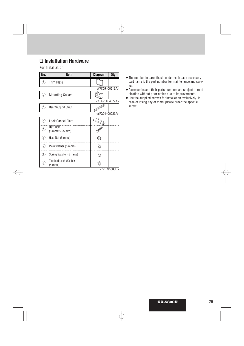 Installation hardware | Panasonic CQ-5800U User Manual | Page 29 / 48