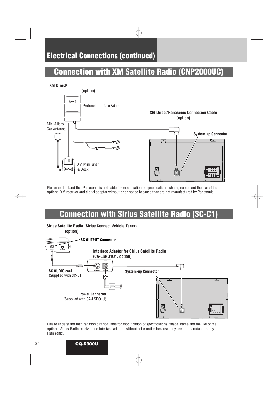 Connection with sirius satellite radio (sc-c1), Connection with xm satellite radio (cnp2000uc), Electrical connections (continued) | Panasonic CQ-5800U User Manual | Page 34 / 48