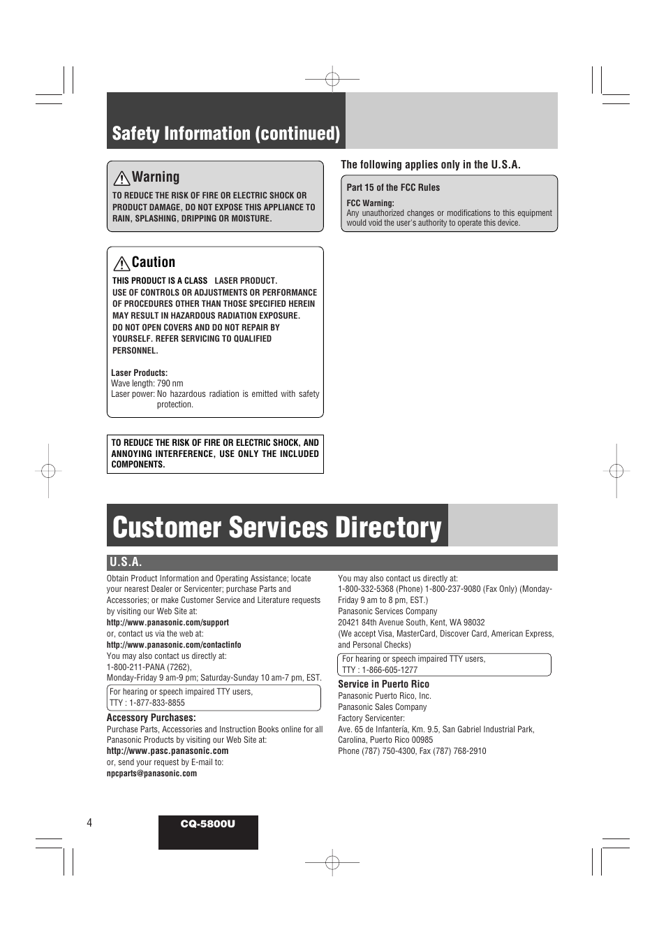 Customer services directory, Safety information (continued), Warning | Caution | Panasonic CQ-5800U User Manual | Page 4 / 48