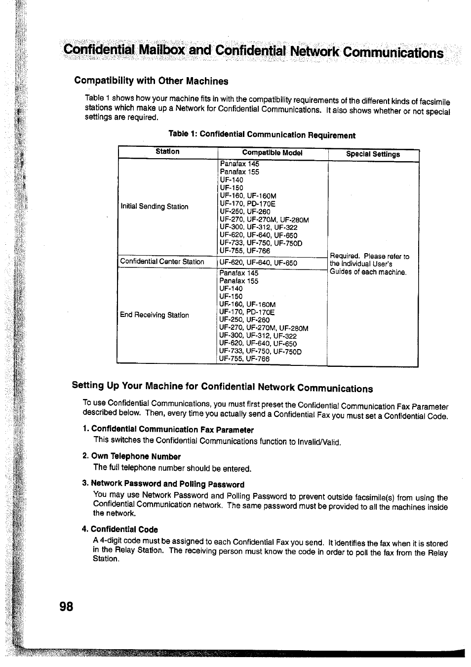 Confidential communication fax parameter, Own telephone number, Network password and polling password | Confidential code | Panasonic Panafax UF-755 User Manual | Page 100 / 148
