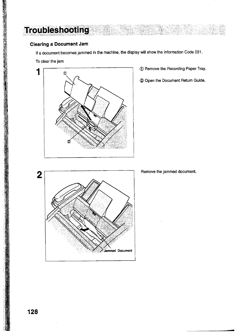 Clearing a document jam | Panasonic Panafax UF-755 User Manual | Page 130 / 148