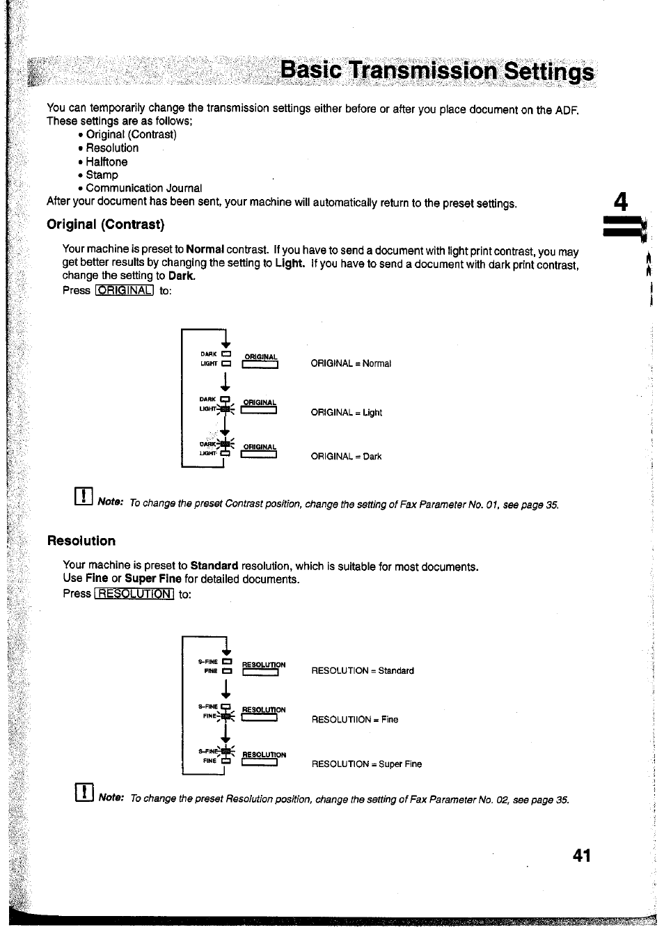 Original (contrast), Resolution | Panasonic Panafax UF-755 User Manual | Page 43 / 148