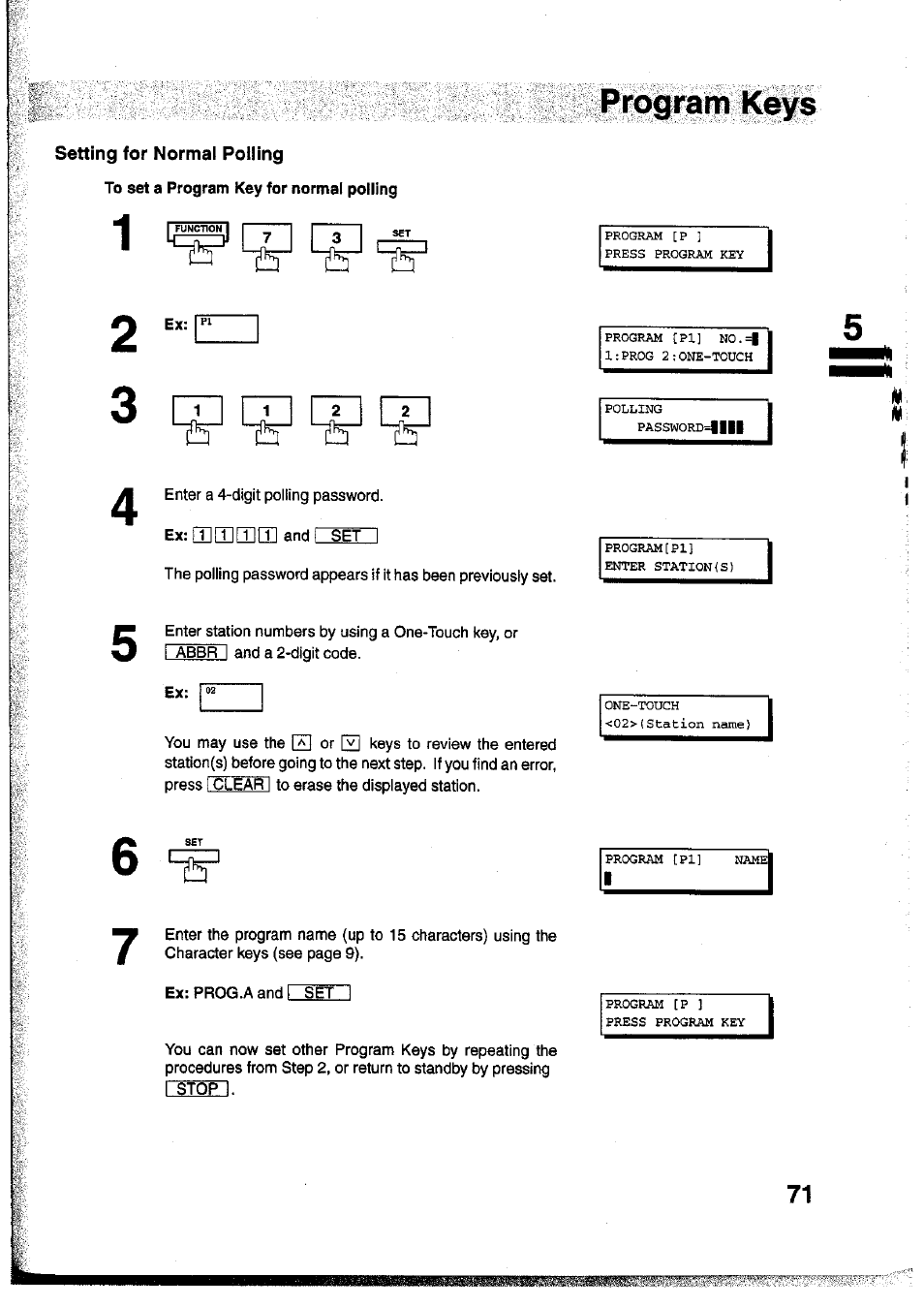 To set a program key for normal polling, Prograrn k0ys | Panasonic Panafax UF-755 User Manual | Page 73 / 148