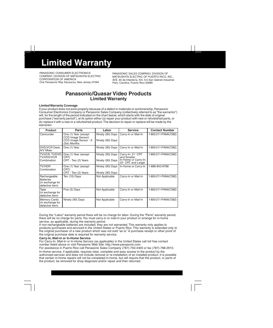 Limited warranty, Panasonic/quasar video products | Panasonic PV-C2063A User Manual | Page 36 / 40