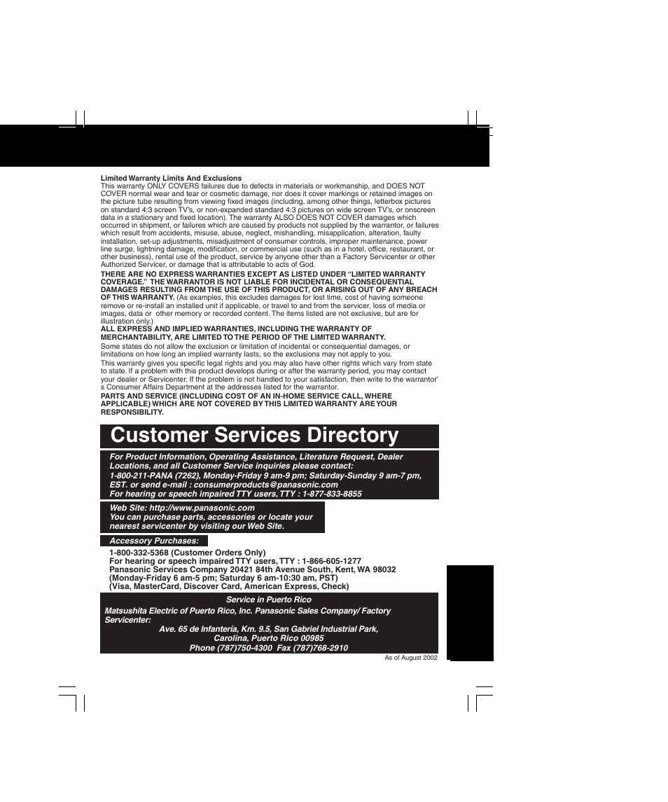 Customer services directory | Panasonic PV-C2063A User Manual | Page 37 / 40