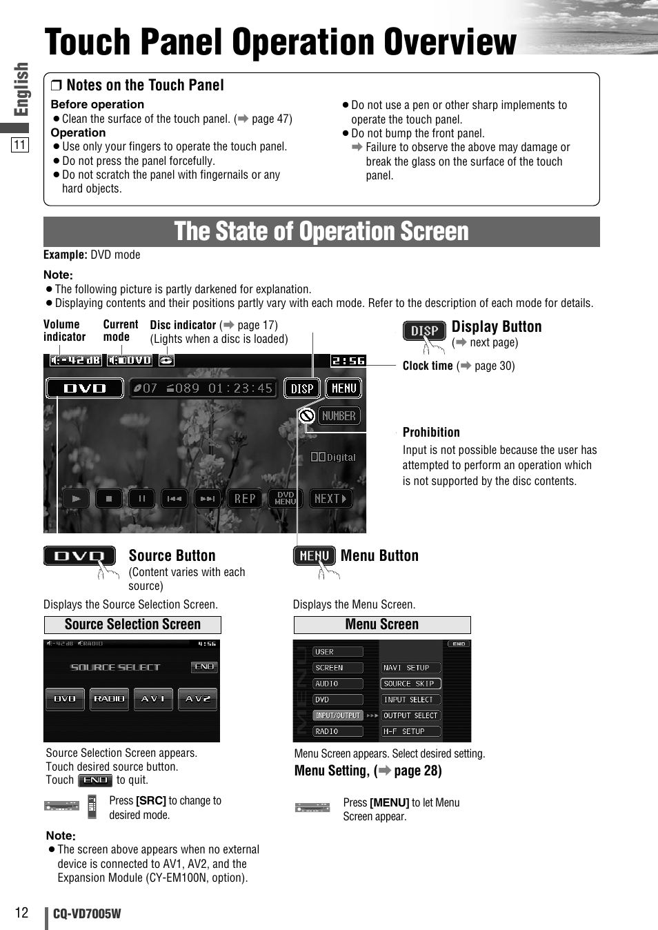 Touch panel operation overview, The state of operation screen, English | Panasonic CQ-VA7005W User Manual | Page 12 / 94