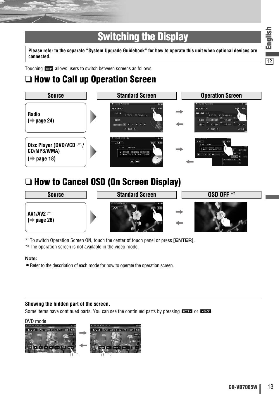 Switching the display, English | Panasonic CQ-VA7005W User Manual | Page 13 / 94