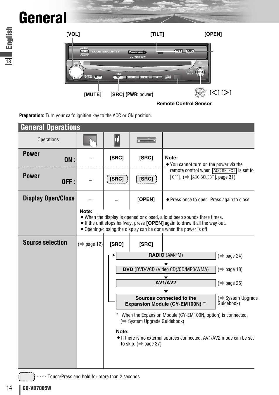 General, English, General operations | Power on : source selection, Display open/close, Power off | Panasonic CQ-VA7005W User Manual | Page 14 / 94